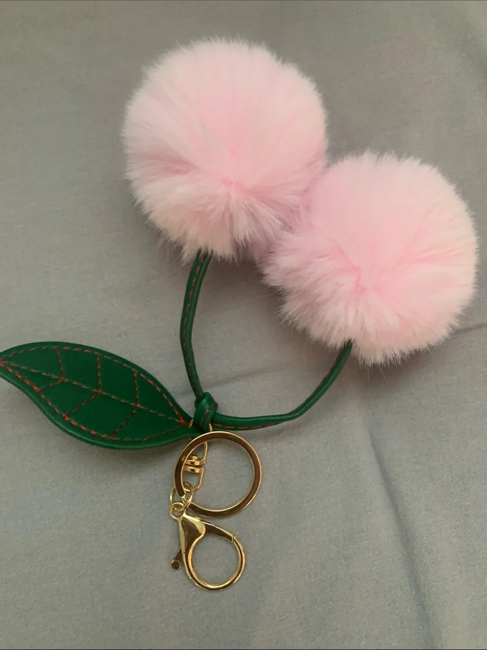🆕- Pink Pom Pom Cherry Bag Charm Or Keychain with Green Leaf Accent